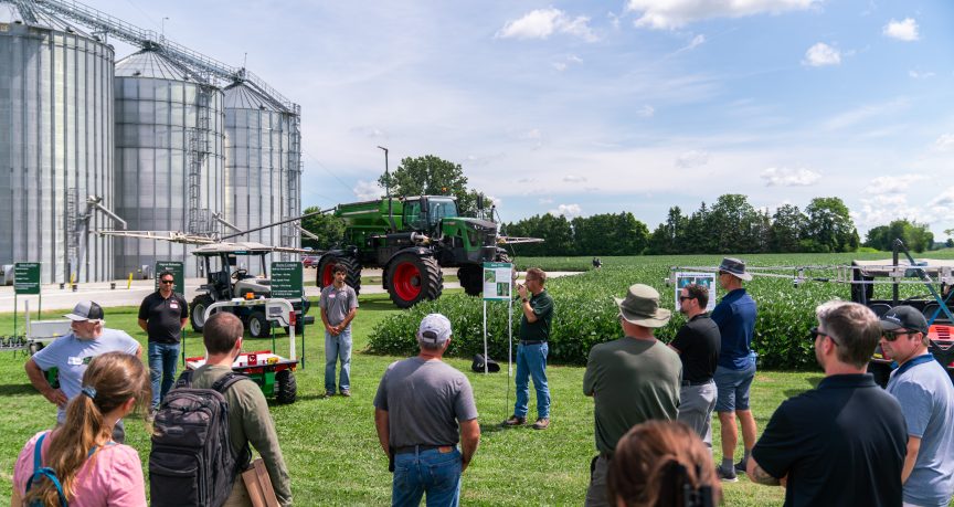 Guests listen to a demonstration at Innovation Farms Ontario x AIVA Network Demo Day.