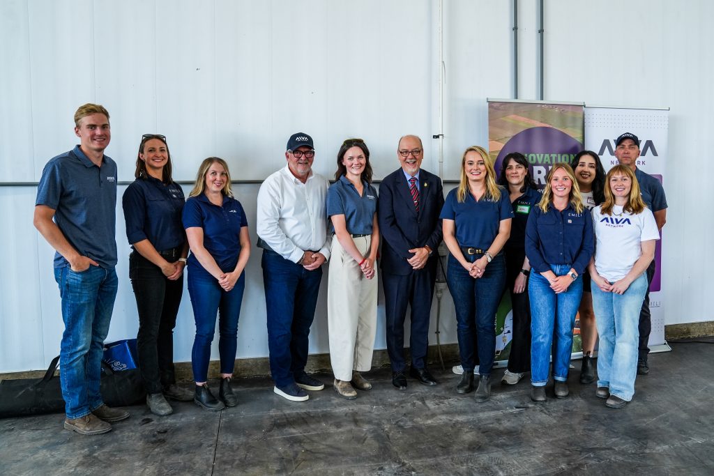 Manitoba's Minister of Innovation and New Technology, Mike Moroz, with the AIVA Network and EMILI Innovation Farms teams at AIVA's Demo Day.